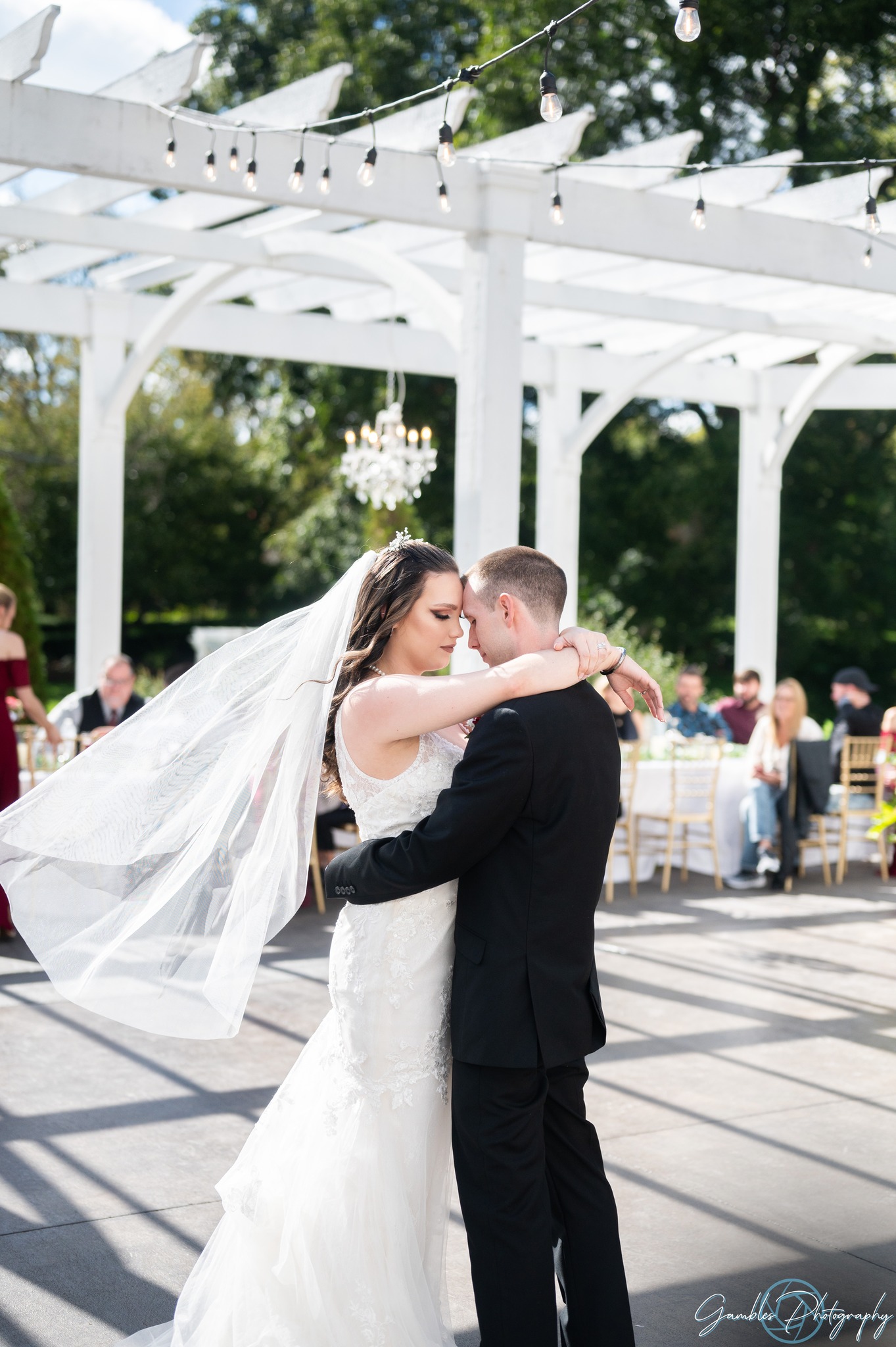 A bride's veil flows in the wind during their wedding at Haseltine Estate, photographed by Gambles Photography